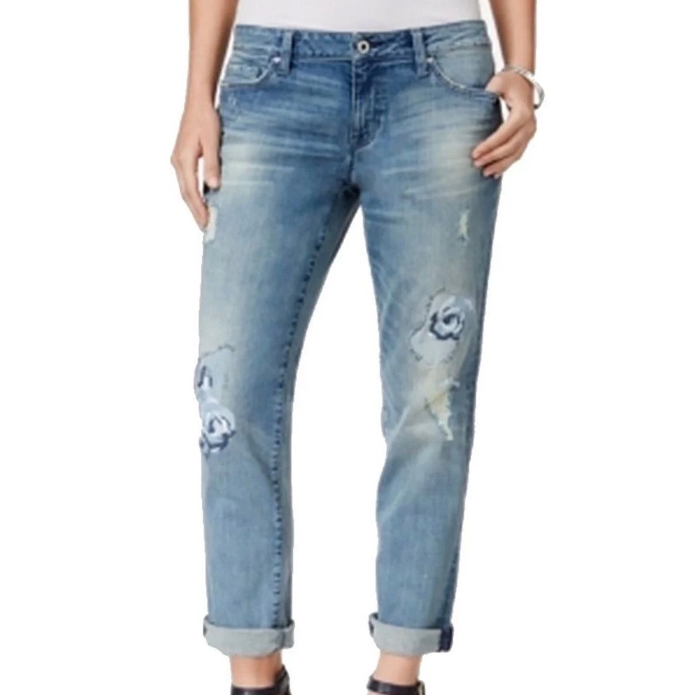 Tommy Hilfiger‎ Womens Boyfriend Jeans Light Wash Distressed Floral Rose Size 2